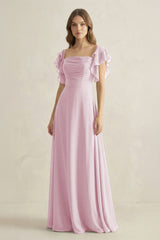 Candy Pink Ruffled Sleeves A-Line Chiffon Bridesmaid Dress | KISSBRIDAL
