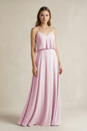 Candy Pink Ruffled Spaghetti Strap A-Line Chiffon Bridesmaid Dress in Candy Pink | KISSBRIDAL