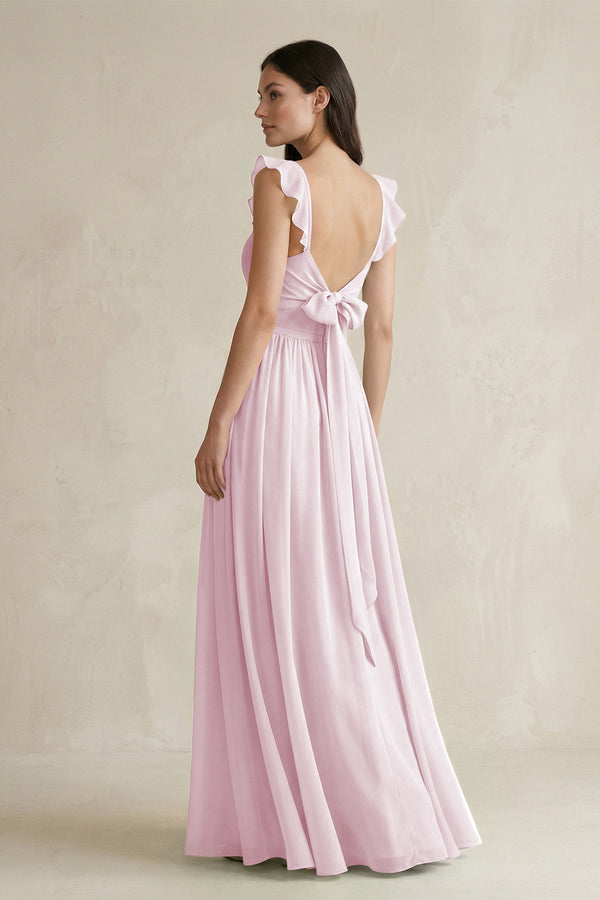 Candy Pink Ruffled Spaghetti Strap Chiffon A-Line Bridesmaid Dress (2) | KISSBRIDAL