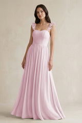 Candy Pink Ruffled Spaghetti Strap Chiffon A-Line Bridesmaid Dress | KISSBRIDAL
