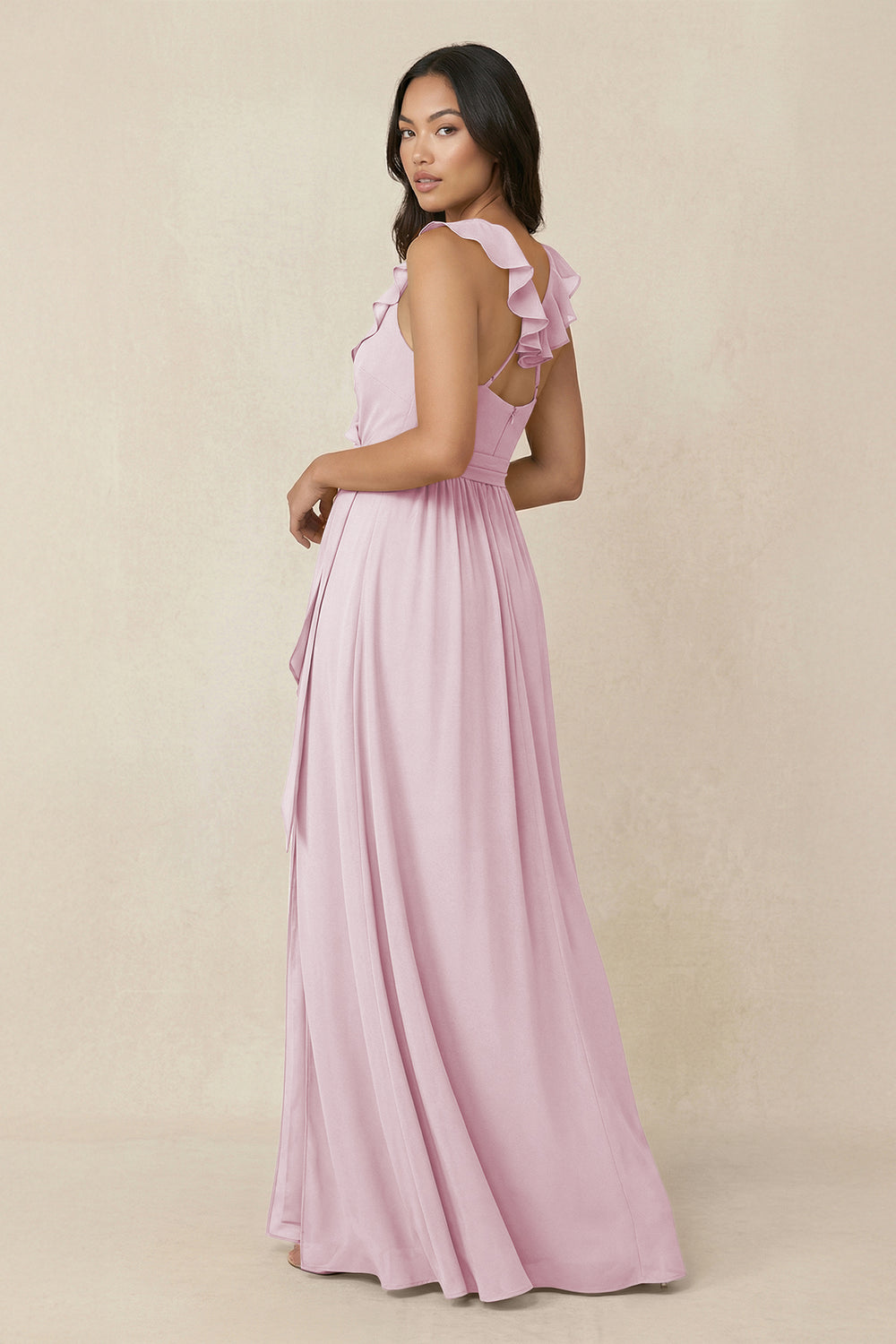 Ruffled V-Neck A-Line Chiffon Bridesmaid Dress in Candy Pink