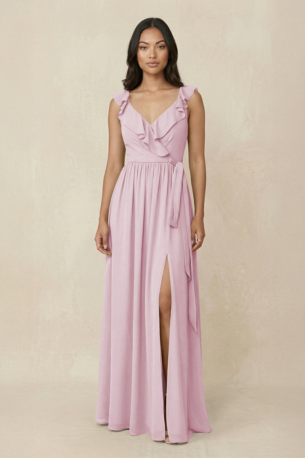 Ruffled V-Neck A-Line Chiffon Bridesmaid Dress in Candy Pink
