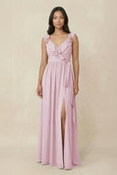 Candy Pink Ruffled V-Neck A-Line Chiffon Bridesmaid Dress | KISSBRIDAL
