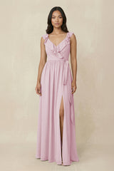 Candy Pink Ruffled V-Neck A-Line Chiffon Bridesmaid Dress | KISSBRIDAL