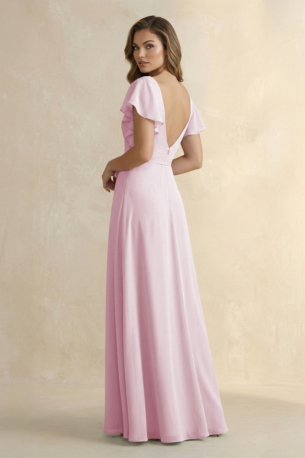 Ruffled V-Neck Chiffon A-Line Bridesmaid Dress in Candy Pink