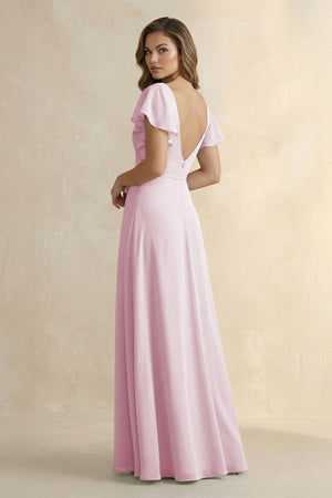 Candy Pink Ruffled V-Neck Chiffon A-Line Bridesmaid Dress (2) | KISSBRIDAL