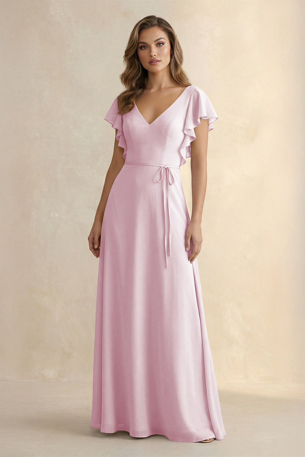 Ruffled V-Neck Chiffon A-Line Bridesmaid Dress in Candy Pink