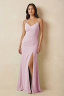 Candy Pink Sheath Cami Strap Chiffon Bridesmaid Dress with Slit | KISSBRIDAL