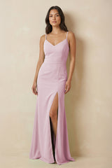 Candy Pink Sheath Cami Strap Chiffon Bridesmaid Dress with Slit | KISSBRIDAL