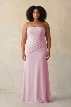 Candy Pink Sheath Chiffon Strapless Pleated Bridesmaid Dress (3) [sizeplus] | KISSBRIDAL