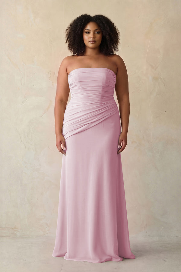 Candy Pink Sheath Chiffon Strapless Pleated Bridesmaid Dress (3) [sizeplus] | KISSBRIDAL