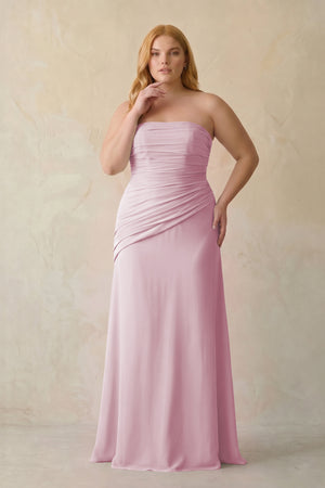 Candy Pink Sheath Chiffon Strapless Pleated Bridesmaid Dress [sizeplus] | KISSBRIDAL