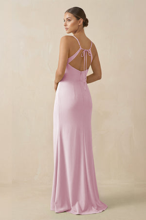 Candy Pink Sheath Spaghetti Straps Chiffon Long Bridesmaid Dress (2) | KISSBRIDAL