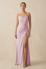Candy Pink Sheath Spaghetti Straps Chiffon Long Bridesmaid Dress | KISSBRIDAL