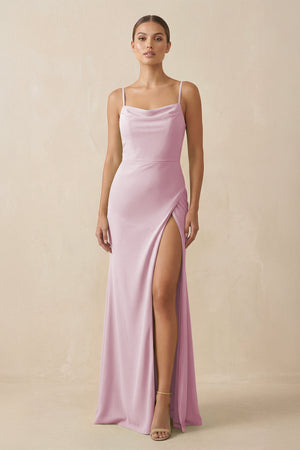 Candy Pink Sheath Spaghetti Straps Chiffon Long Bridesmaid Dress | KISSBRIDAL