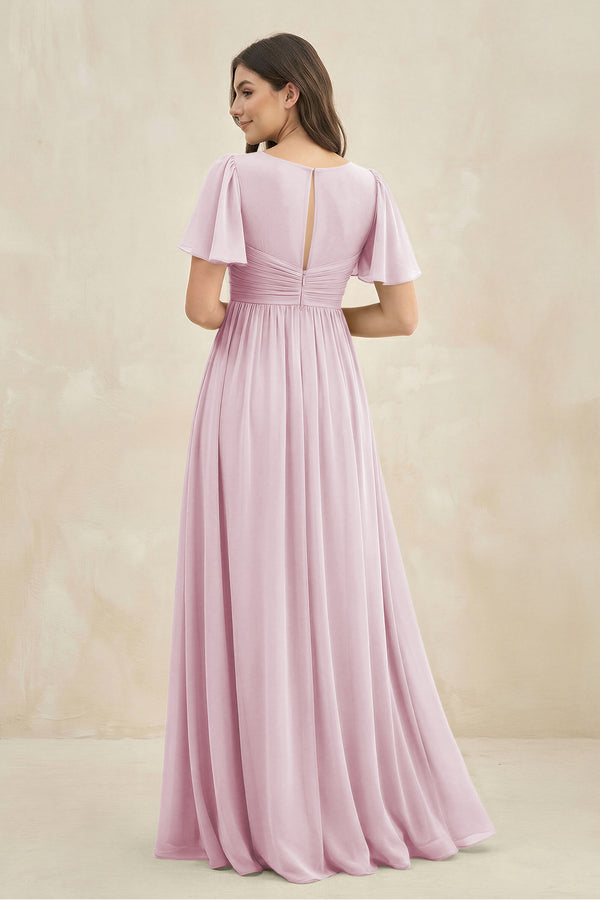 Candy Pink Short Sleeve Chiffon V-Neck A-Line Bridesmaid Dress (2) | KISSBRIDAL