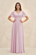 Candy Pink Short Sleeve Chiffon V-Neck A-Line Bridesmaid Dress | KISSBRIDAL