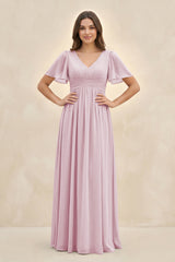 Candy Pink Short Sleeve Chiffon V-Neck A-Line Bridesmaid Dress | KISSBRIDAL