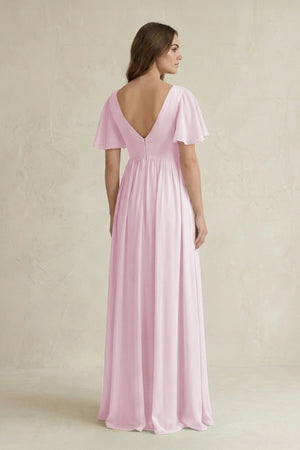 Candy Pink Short Sleeve V-Neck A-Line Chiffon Bridesmaid Dress (2) | KISSBRIDAL