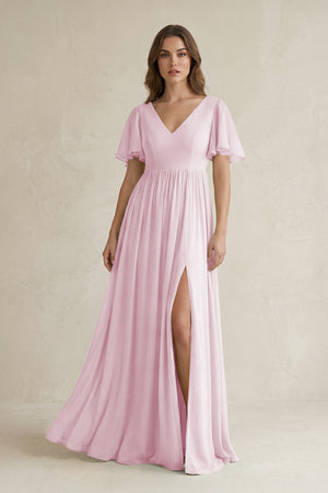 Candy Pink Short Sleeve V-Neck A-Line Chiffon Bridesmaid Dress | KISSBRIDAL