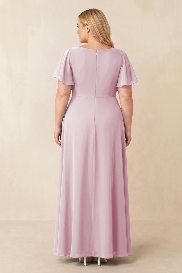 Candy Pink Short Sleeves Bateau A-Line Chiffon Bridesmaid Dress (2) [sizeplus] | KISSBRIDAL