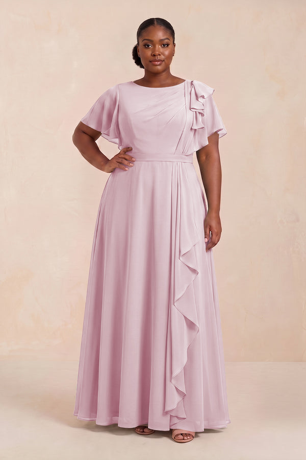 Candy Pink Short Sleeves Bateau A-Line Chiffon Bridesmaid Dress (3) [sizeplus] | KISSBRIDAL