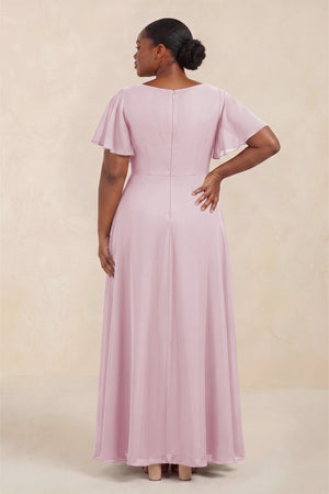 Candy Pink Short Sleeves Bateau A-Line Chiffon Bridesmaid Dress (4) [sizeplus] | KISSBRIDAL