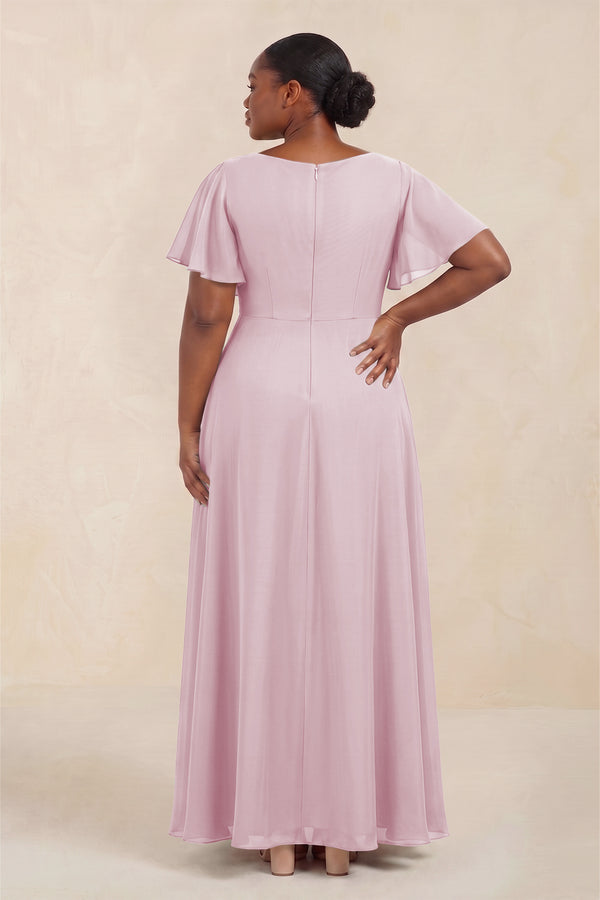 Candy Pink Short Sleeves Bateau A-Line Chiffon Bridesmaid Dress (4) [sizeplus] | KISSBRIDAL