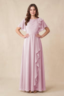 Candy Pink Short Sleeves Bateau A-Line Chiffon Bridesmaid Dress | KISSBRIDAL