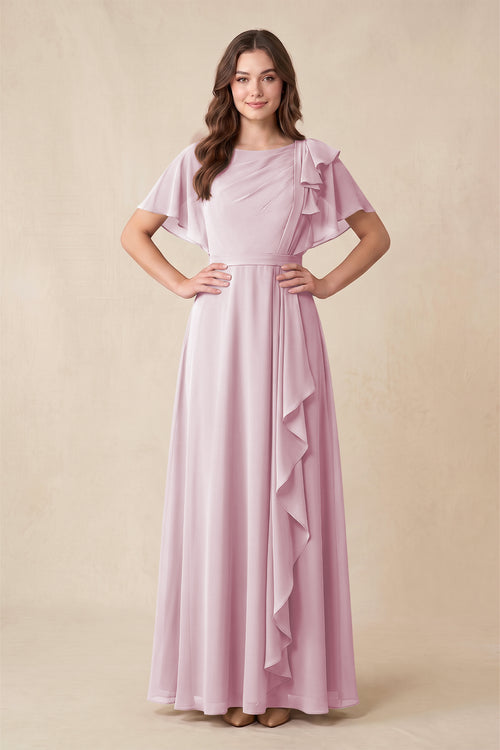 Candy Pink Short Sleeves Bateau A-Line Chiffon Bridesmaid Dress | KISSBRIDAL