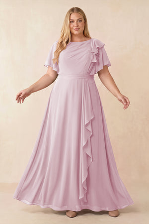 Candy Pink Short Sleeves Bateau A-Line Chiffon Bridesmaid Dress [sizeplus] | KISSBRIDAL