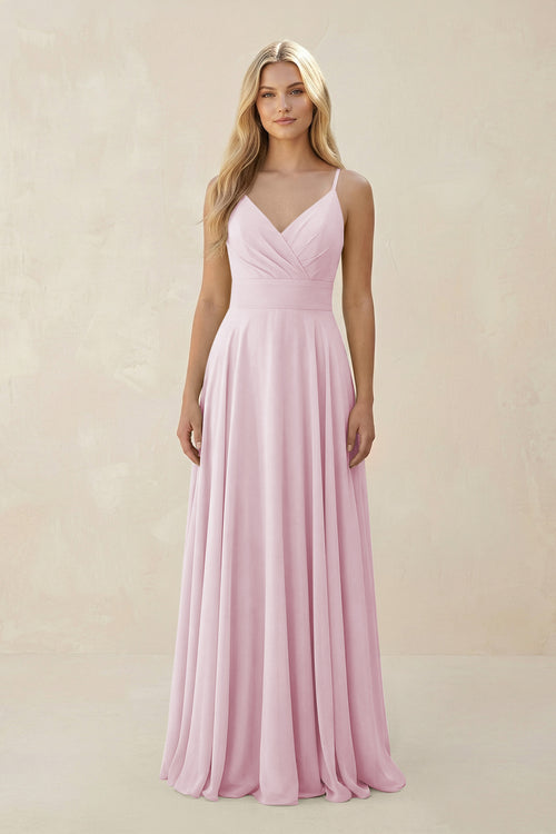 Candy Pink Spaghetti Strap A-Line Chiffon Bridesmaid Dress | KISSBRIDAL
