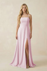 Candy Pink Spaghetti Strap Chiffon A-Line Bridesmaid Dress | KISSBRIDAL