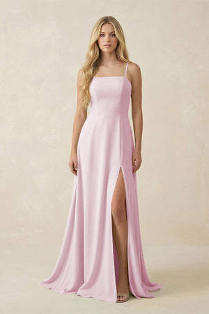 Candy Pink Spaghetti Strap Chiffon A-Line Bridesmaid Dress | KISSBRIDAL