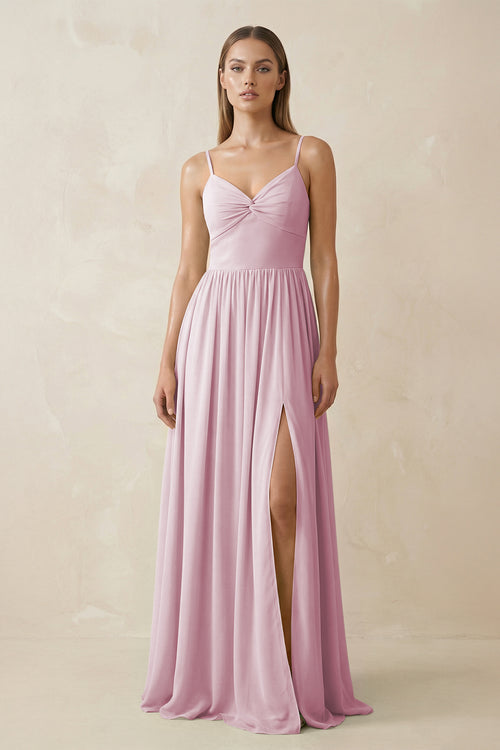 Candy Pink Spaghetti Strap Pleated A-Line Chiffon Bridesmaid Dress | KISSBRIDAL