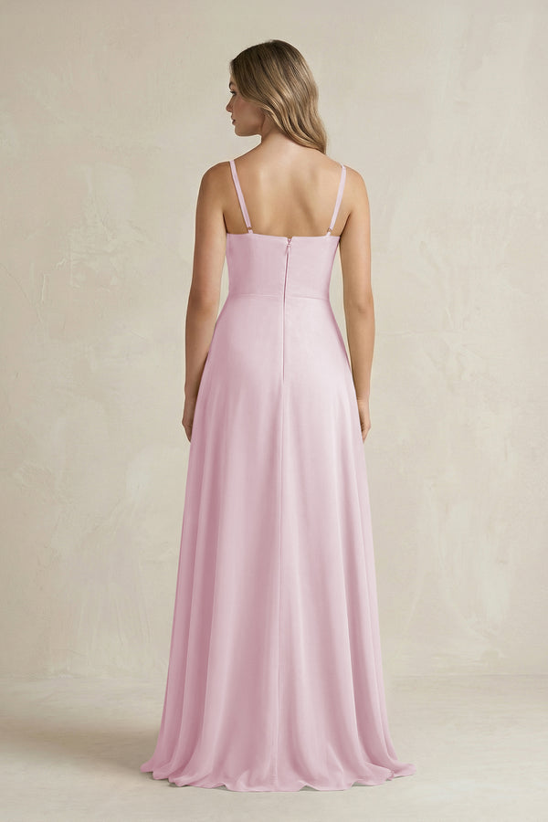 Candy Pink Spaghetti Strap Ruffled A-Line Chiffon Bridesmaid Dress (2) | KISSBRIDAL
