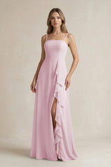 Candy Pink Spaghetti Strap Ruffled A-Line Chiffon Bridesmaid Dress | KISSBRIDAL