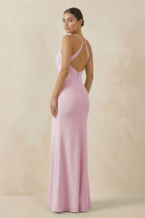 Candy Pink Spaghetti Strap Sheath Chiffon Bridesmaid Dress With Slit (2) | KISSBRIDAL