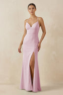 Candy Pink Spaghetti Strap Sheath Chiffon Bridesmaid Dress With Slit | KISSBRIDAL
