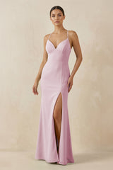 Candy Pink Spaghetti Strap Sheath Chiffon Bridesmaid Dress With Slit | KISSBRIDAL