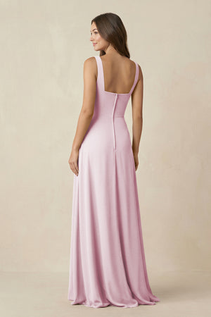 Candy Pink Square Neck A-Line Bridesmaid Dress With Slit (2) | KISSBRIDAL
