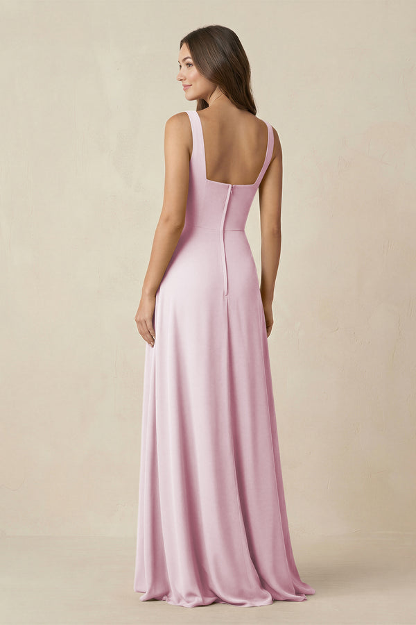 Candy Pink Square Neck A-Line Bridesmaid Dress With Slit (2) | KISSBRIDAL