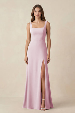 Candy Pink Square Neck A-Line Bridesmaid Dress With Slit | KISSBRIDAL