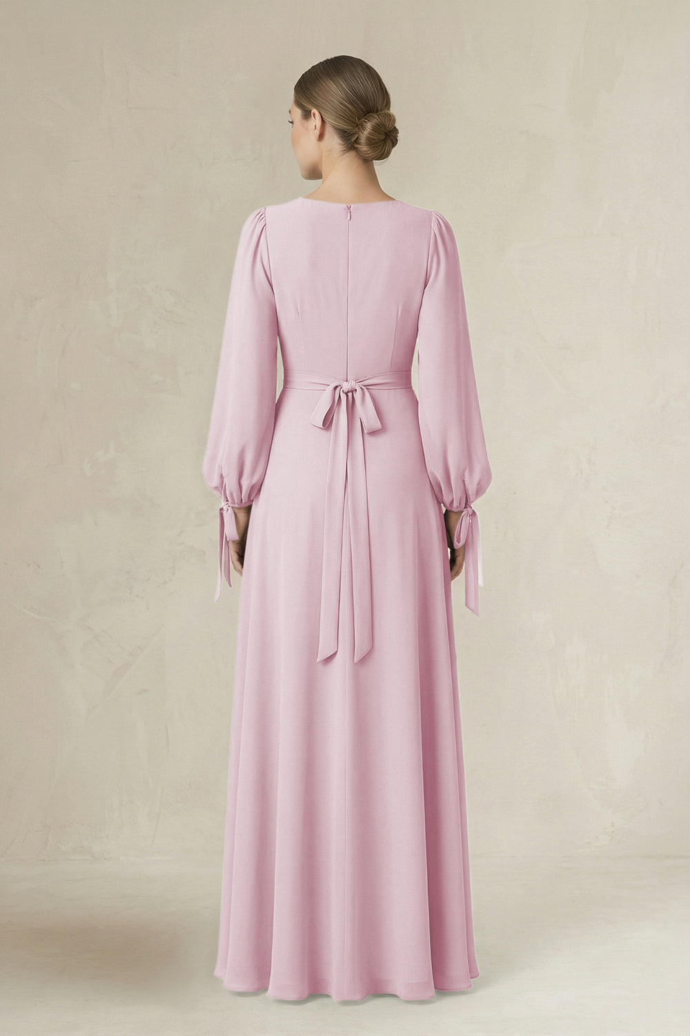 Square Neck Long Sleeve A-Line Chiffon Bridesmaid Dress in Candy Pink
