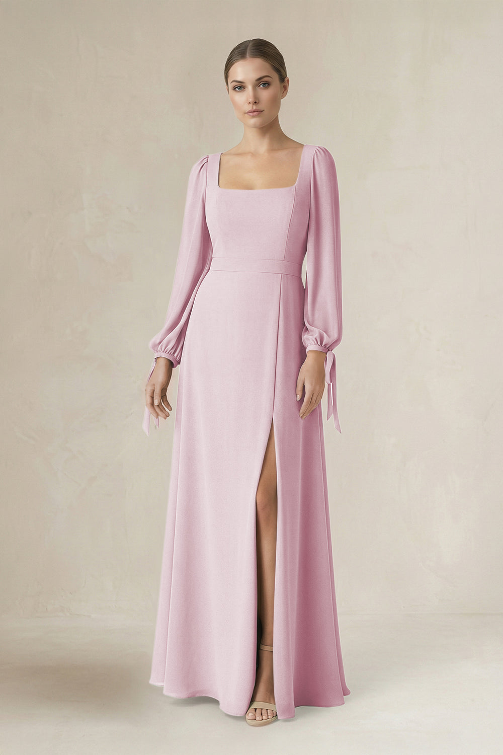 Square Neck Long Sleeve A-Line Chiffon Bridesmaid Dress in Candy Pink