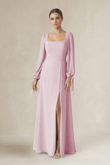Candy Pink Square Neck Long Sleeve A-Line Chiffon Bridesmaid Dress in Candy Pink | KISSBRIDAL