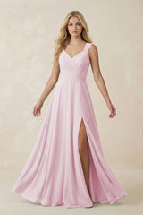 Candy Pink Sweetheart A-Line Chiffon Long Bridesmaid Dress | KISSBRIDAL