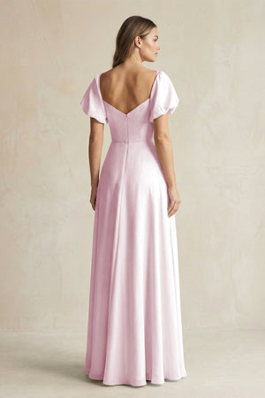 Candy Pink Sweetheart Puff Sleeve A-Line Chiffon Bridesmaid Dress (2) | KISSBRIDAL