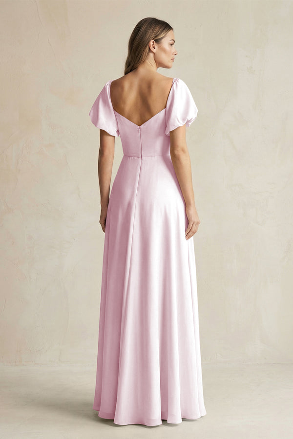 Candy Pink Sweetheart Puff Sleeve A-Line Chiffon Bridesmaid Dress (2) | KISSBRIDAL