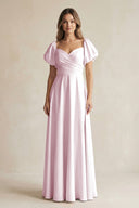 Candy Pink Sweetheart Puff Sleeve A-Line Chiffon Bridesmaid Dress | KISSBRIDAL